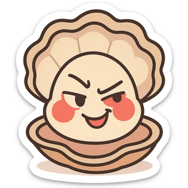 Create a cute oyster with a winking and malicious expression, very red cheeks, using cream and greige colors. Inspired by the reference image, in pastel toon style. Transparent background. sticker