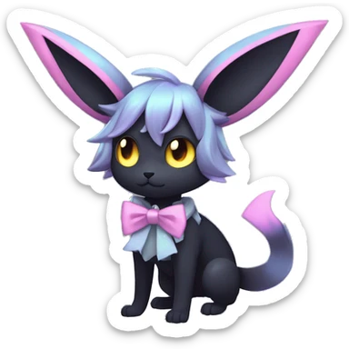 Shiny Cool Edgy pastel Black beautiful ethereal fantasy Kawaii Sona Umbreon-Noibat-Litten-Fakemon-cat-animal with edgy bat-ears bow tie black mane vtuber model Full Body sticker