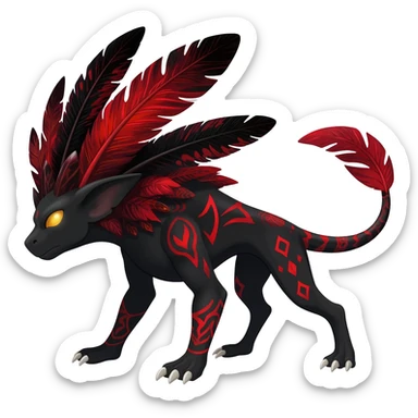 Rare black and red realistic dark edgy tropical tribal patterned feathery skeletal badass epic handsome gorgeous aesthetic colorful vibrant Vernid-Trico-species-Fakemon-creature by LiLaiRa, 4 legs, 1 tail, random markings, (full body) sticker
