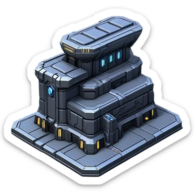 StarCraft-inspired, isometric RTS building with a rugged Terran look: thick metal plating, rivets, subtle wear, and a gunmetal palette plus one accent color. Add minimal glowing panels for a high-tech feel. Keep it compact—like a forward outpost—and show it from a clean isometric angle, emphasizing an industrial sci-fi style and clear silhouette. sticker