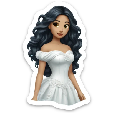 Pretty young Lady doll posing posed pose with long black hair flowers in hair white dress surrounded by flowing water water swirls waves sticker