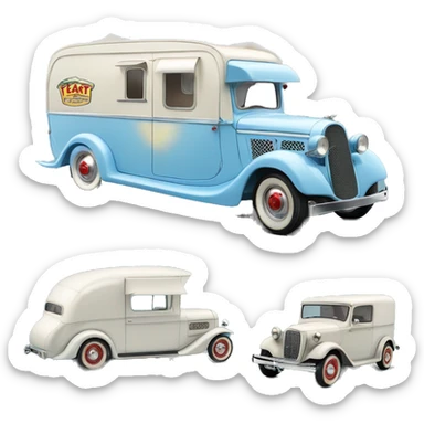 hot rod ice cream caravan,1935 fiat pulling trailer,pearl blue  sticker