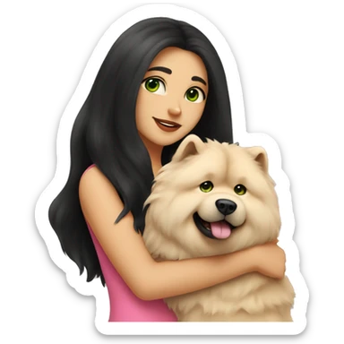 girl with very long black hair and green eyes and pink outfit hugging a beige fluffy cute chow chow dog sticker