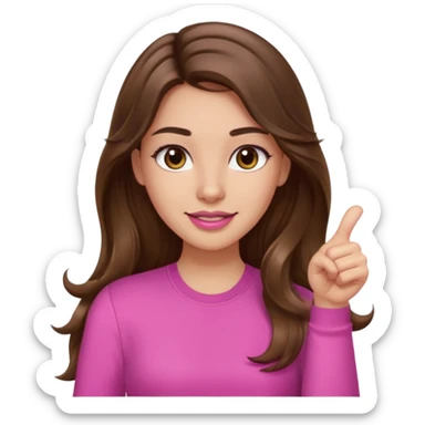 girl with long wavy brown hair, brown eyes, light to medium complexion, in a pink shirt, pink lips, long lashes, thumbs up sticker