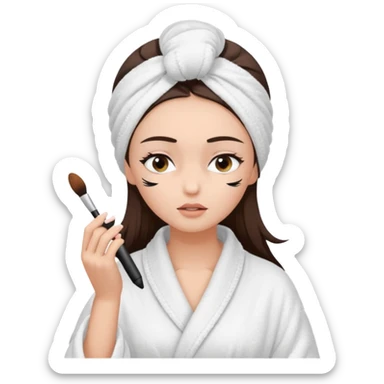 Girl with brown hair in white dressing gown and white towel wrapped in her head doing her makeup. Eyes closed white dark hair and towel wrapped differently doing mascara sticker