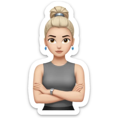 ทำสีตาสีเทาเท่ ๆ มีประกายคม
คิ้วได้รูป มองแล้วดูสตรอง
ผมหางม้าสูง
ลุคสตรีทแฟชั่น
ท่าโพสกอดอก
ฟีล: Girl Boss, cool beauty, minimal but powerful sticker