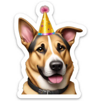 German shepherd Pitt bull mixed breed dog wearing birthday hat sticker