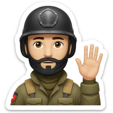 
surrenders, depicts an Iraqi soldier from 1980, with a beard, in a helmet, there are no signs on the helmet, with a balaclava, with sad eyes and raised hands sticker