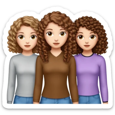 3 white girls, all of off this with brown hair but one whit straight one whit curly and one whit very curly(aesthetic)and chic clothes y2k, this girl have around 14 years, remember one girl does have straight hair  sticker