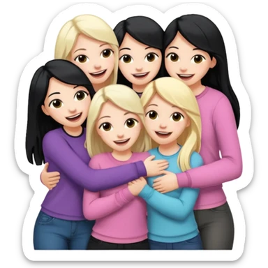 Girlfriend emoji - 5 white girlfriends, two with long dark black hair, one with medium blonde hair, one with long pale pink hair, one with short light blonde hair.  They should be laughing and hugging  sticker