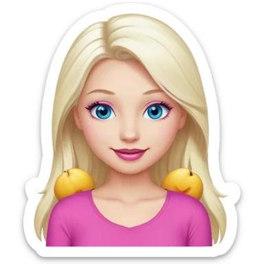 Girl with long platinum blonde hair, blue eyes, long lashes, sexy pink lips, wearing a pink top sticker