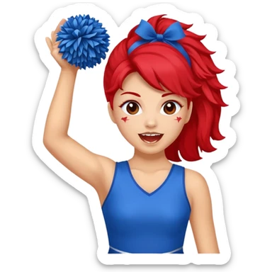 football cheerleader, holding a cheering pom, blue dress and red skin sticker