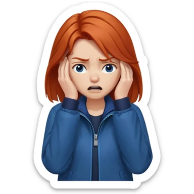 Redhead girl with mid length hair in blue jacket angry facepalm sticker