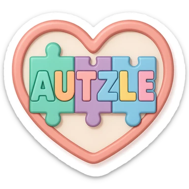 Modern, playful logo: 'AUTZLE' spelled in puzzle-piece letters, each in a different bright pastel shade mint, peach, lavender, light blue, soft yellow, pink. The word is enclosed in a smooth, soft-curved heart shape, subtly framing the letters to symbolize love and support for the autism community. Clean, vibrant, and warm look with soft lighting, subtle 3D shadows, and a transparent or white background. sticker