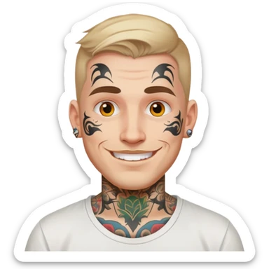 white man with bold face tattoo, happy face, wearing a white t-shirt sticker