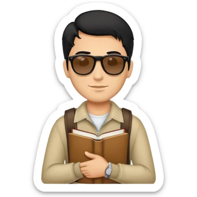 Man with sunglasses on his black hair wearing a book bag sticker