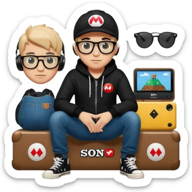 chico vestido de negro con sudadera negra logotipo super Mario con jeans Levis negros tenis converse negros gafas ray-ban fotogray y audífonos Sony sticker