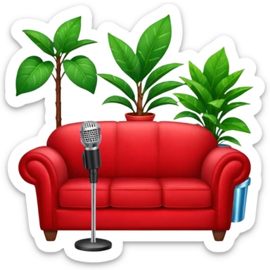 red velvet couch with a mic in front, houseplant in back, and sparkles sticker