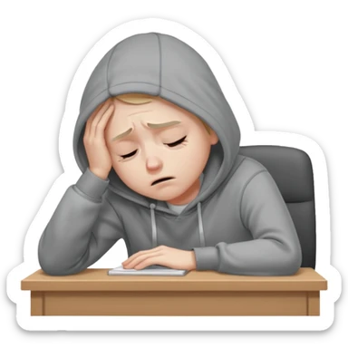 A person wearing a hoodie experiencing burnout, exhausted and overwhelmed, tired eyes, slumped posture, sitting at a desk, iOS emoji style sticker