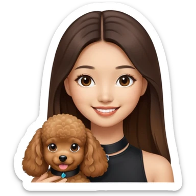 a asian girl with long straight balayage hair, long lashes, smiling, wearing black halterneck top, and holding a brown poodle sticker