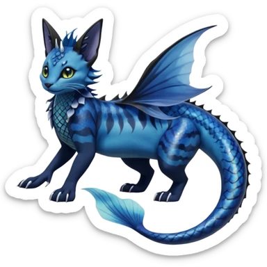 Epic complex abyssal fantasy divine glorious detailed dark dusky gloomy deep gothic gloomy cobalt-blue-abyss-blue-black-greyish, realistic Fakémon-Sprigatito-Floragato-Meowscarada-Vaporeon-Salandit-Trico-Sergal-Serval-Vernid-creature (full body) with mermaid-ears, tail fin, shiny sparkly, abyssal sticker