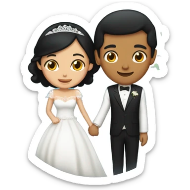 bride with black hair and medium-tan skin, and groom with black hair and fair skin, both inside a globe holding hands sticker