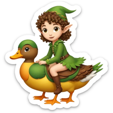 tiny forest elf short tight curly brown hair riding duck sticker