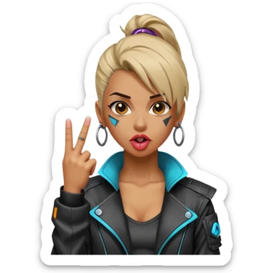 Woman with her tongue out in cyberpunk clothing and giving the middle finger. Looking naughty. sticker