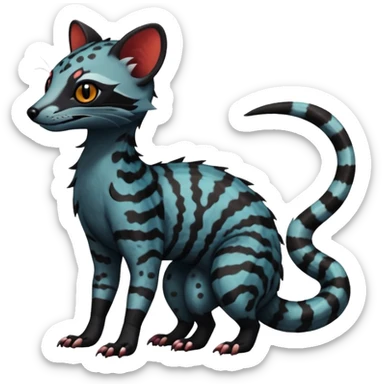 Rare warm-colored exotic edgy cute epic aesthetic spooky dark colorful Genet-Salandit-Civet-species-Fakemon-hybrid-creature, with beautiful intricate markings, full body sticker