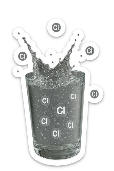 un bicchiere di acqua cade verticalmente dall'alto realistico e dettagliato, dentro l'acqua del bicchiere ci sono particelle di cloro ben visibili con la scritta "Cl" sopra, ci sono particelle anche che escono dal bicchiere e fluttuano in aria verticalmente, mentre alcune sono all'interno dell'acqua nel bicchiere, iperrealistico 4k sticker
