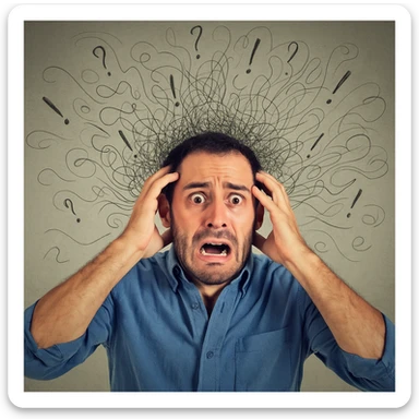 Realistic or illustrative style image of a 30-year-old man suffering from anxiety, inspired by the reference image. The man has wide-open eyes and labored breathing. The background features symbols of panic and stress, conveying an atmosphere of anxiety crisis. sticker