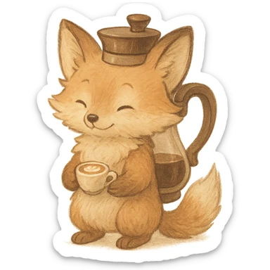 soft pastel fluffy fox with coffee maker elements holding a tiny latte cup, brown and beige tones, full-body sticker