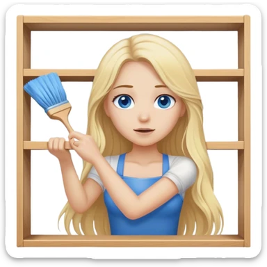 Cinematic realistic blonde with long hair, blue eyes wipes dust from a shelf sticker