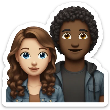 do couples with the girl having medium length dark red hair and blue eyes, skin not super fair but light and the boy having same skin tone, black curly hair and brown eyes. If emojis of them standing do streetstyle clothing for both.  sticker