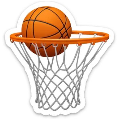 Minimalist orange Spalding basketball going through a white basketball net, swishing through hoop, iOS emoji style sticker
