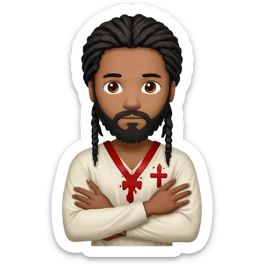 African American man with shoulder length black dreadlocks with black beard wearing a white tunic with blood on it with arms folded together sticker