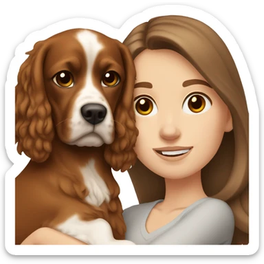 White girl with brown hair holding brown cavalier dog sticker