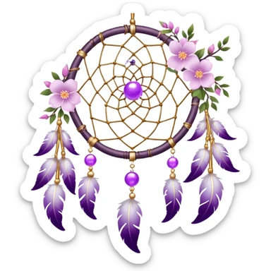 A silvery-white Dreamcatcher. with purple-round-orbs, gold-rings hanging down. purple flowers, pink sakura flowers, sticker
