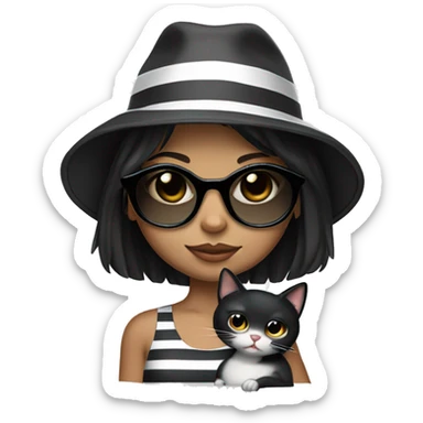Girl with black hair, white complexion, wearing a black summer hat and round clear glass sunglasses, carrying a striped gray cat. sticker