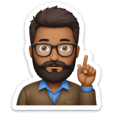 Indian software developer with beards and specs, with few white hairs in mostly black beard and hair. Hair fluffy and back brushed. Mustache pointing down and beard not neatly done sticker