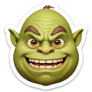Cinematic Comical Ogre Portrait Emoji, with a strikingly exaggerated, bulky figure in vivid earthy greens and browns, head tilted in a dramatically surprised expression with wide, comically bulging eyes and a goofy, oversized grin, simplified yet hilariously exaggerated, highly detailed with a soft, cartoonish glowing outline capturing the playful absurdity of a meme-worthy ogre! sticker