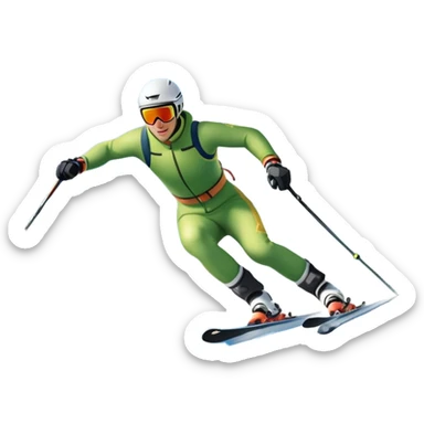 An icon featuring snowy peaks, pine trees, and a picturesque mountain landscape with a skier racing down a snow-covered slope, The sky is blue with soft clouds, capturing the thrill and beauty of alpine skiing. Transparent background highlights the excitement and serenity of winter sports. sticker