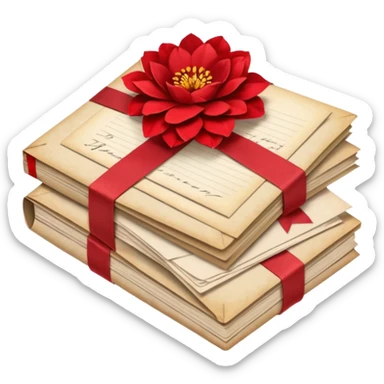 A beautifully arranged Stack of aged letters, tied with a red ribbon, envelopes, corespondence, aesthetic, red flower petals around, mails sticker