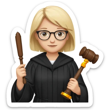 Young judge, blonde hair with glasses and robe, hold a paper and gavel sticker
