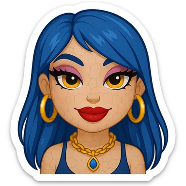 Make her look nice and cute, but with slightly scary eyes, keep gyaru style, blue hair, pretty makeup, bratz baddie style, emoji style, with no background. sticker