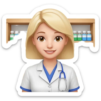 female pharmacist portrait, head and shoulders only, wearing a pharmacy apron, friendly smile, blurred medicine boxes on shelves in background, retail pharmacy vibe, 3D cartoon, mobile game icon style, no text, no watermark
 sticker
