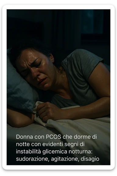 realistic and cinematic image of a woman with PCOS sleeping at night with evident signs of nocturnal glycemic instability: sweating, agitation, discomfort, nighttime atmosphere, detailed realism, Italian captions, vertical 2:3 format sticker
