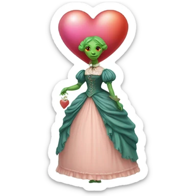 a green reptilian woman in Victorian orange and blue dress, pink hair,holdig, red big hearth, full body sticker