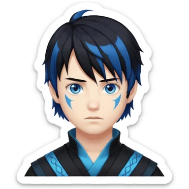 A guy with a pale skin,he has black hair the tip of his hair are blue and he has an anime style bang,his eyes are blue and he’s wearing a demon slayer attire sticker