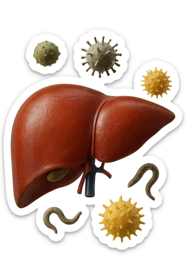 fegato umano anatomico con tossine che gli fluttuano intorno, iperrealistico 4k sticker